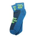 Blue socks with green text on a white background