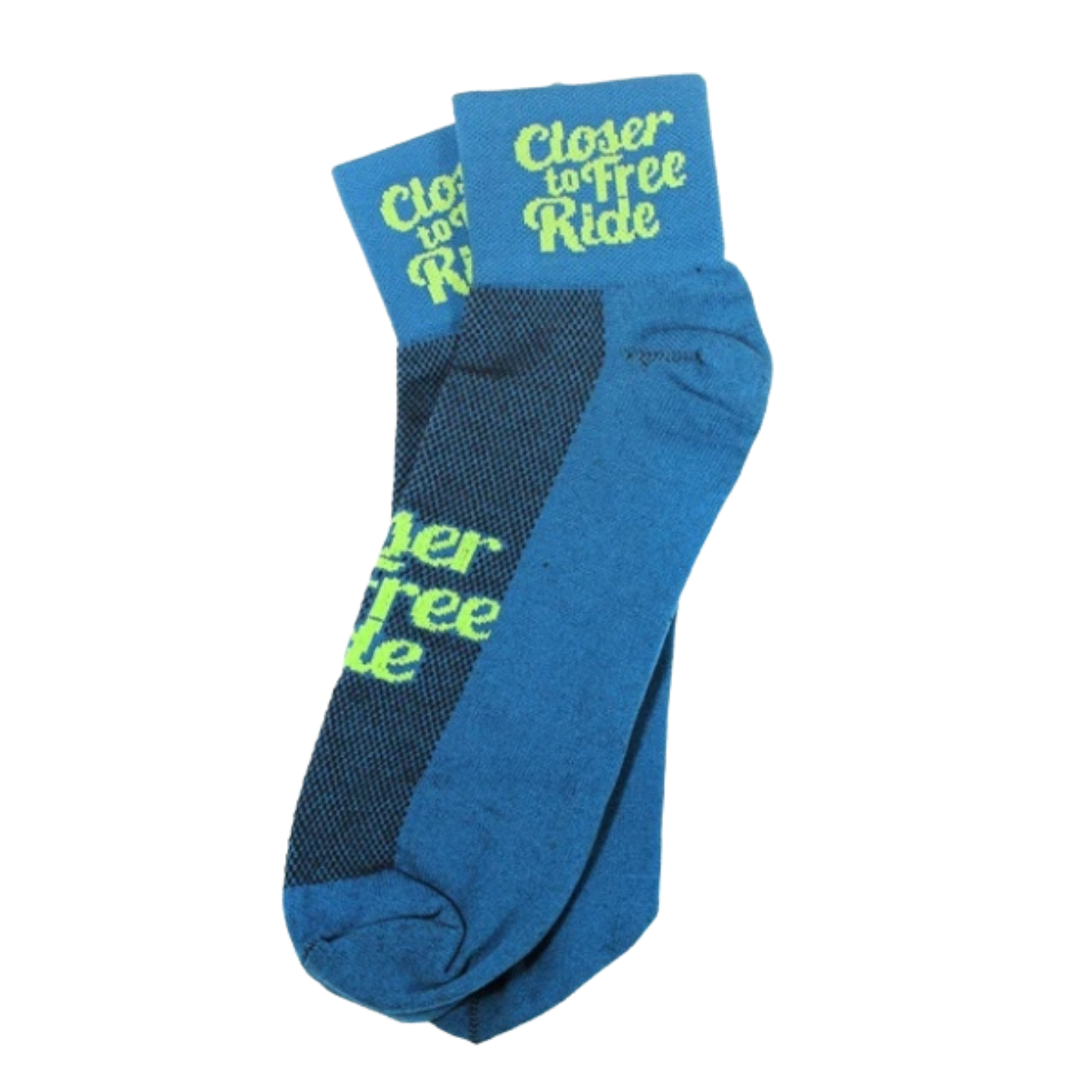 Blue socks with green text on a white background