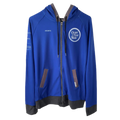Blue hoodie with branding on a white background