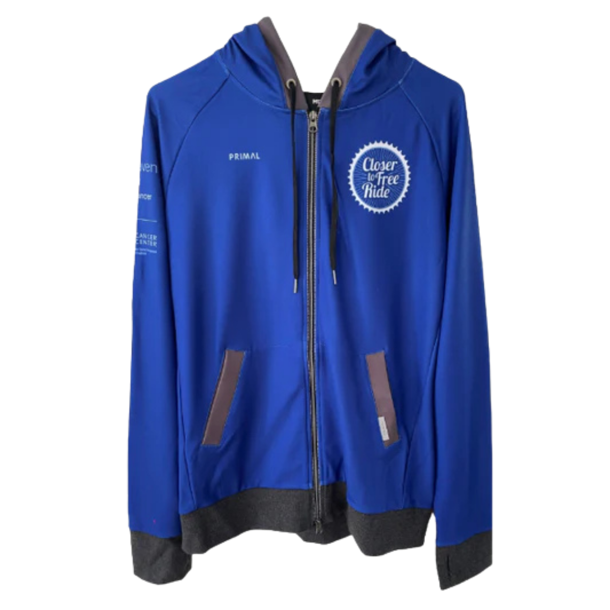 Blue hoodie with branding on a white background