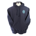 Navy blue hoodie with a logo on the chest against a white background