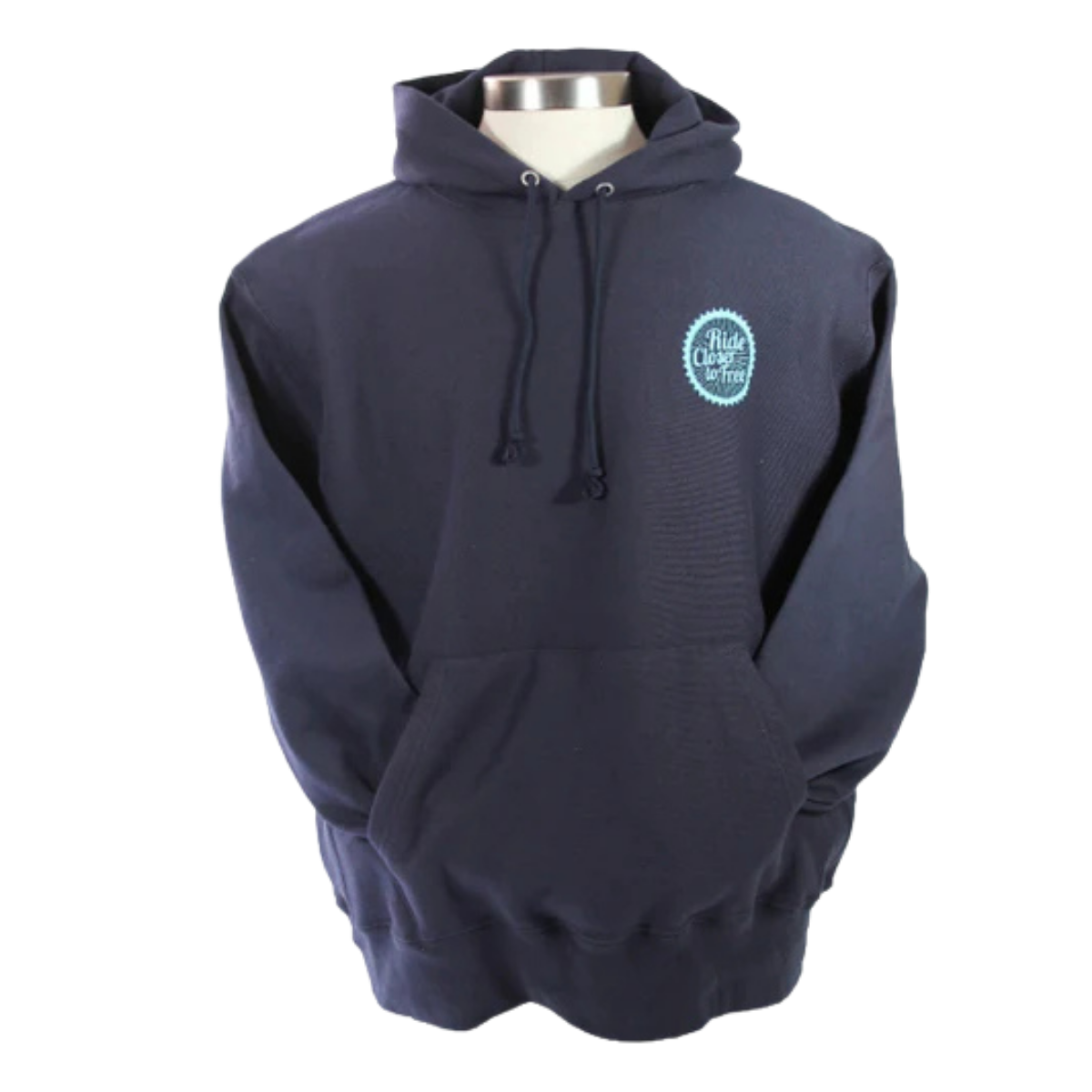 Navy blue hoodie with a logo on the chest against a white background