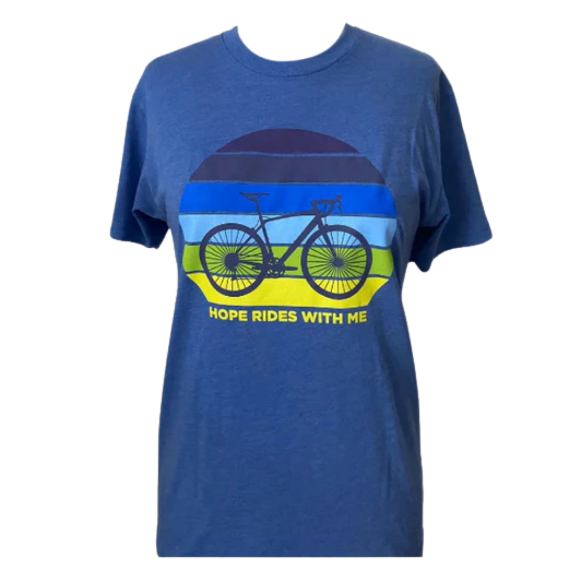 Blue t-shirt with bicycle graphic and 'Hope Rides With Me' text on a white background