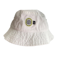 White bucket hat with a logo and text on a white background