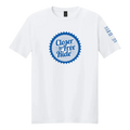 White T-shirt with a blue "closer to free ride" logo