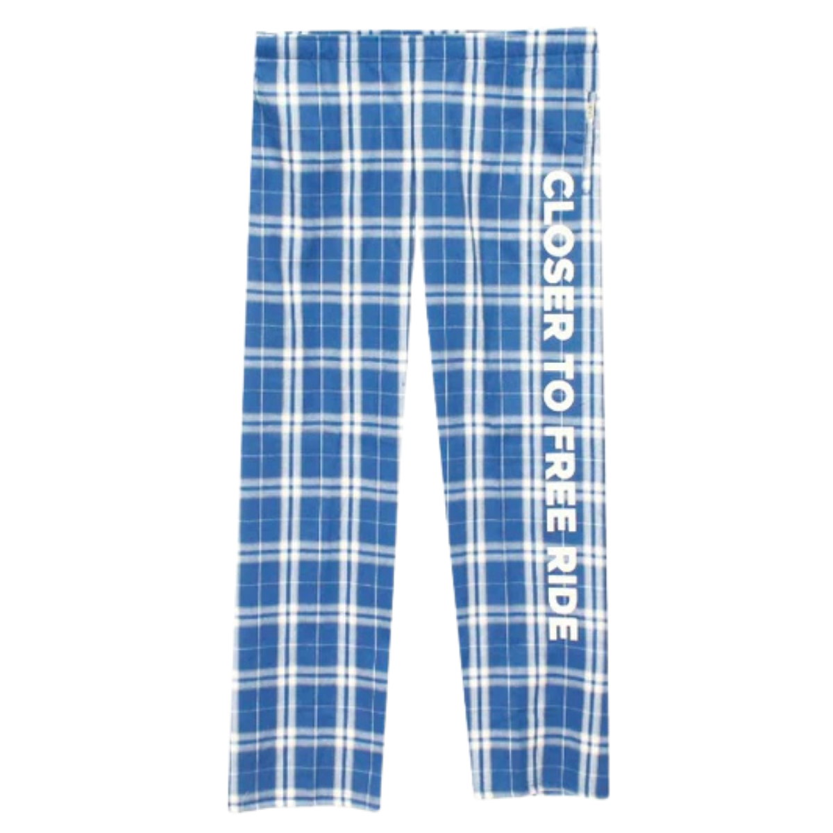 Plaid pajama pants with "closer to free ride" down the left leg