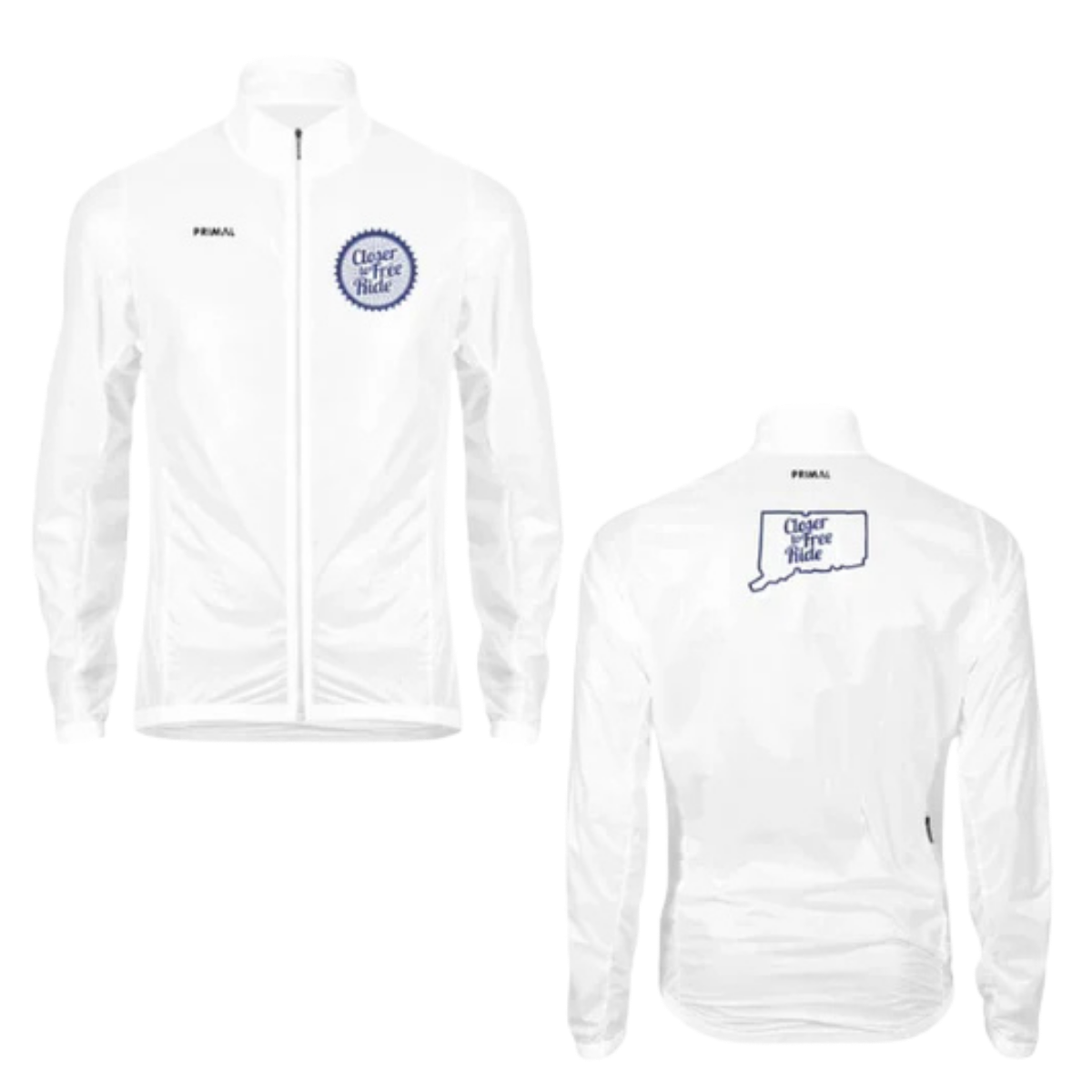 Front and Back of a white zip jacket with closer to free logo on the front and Connecticut shaped logo on the back