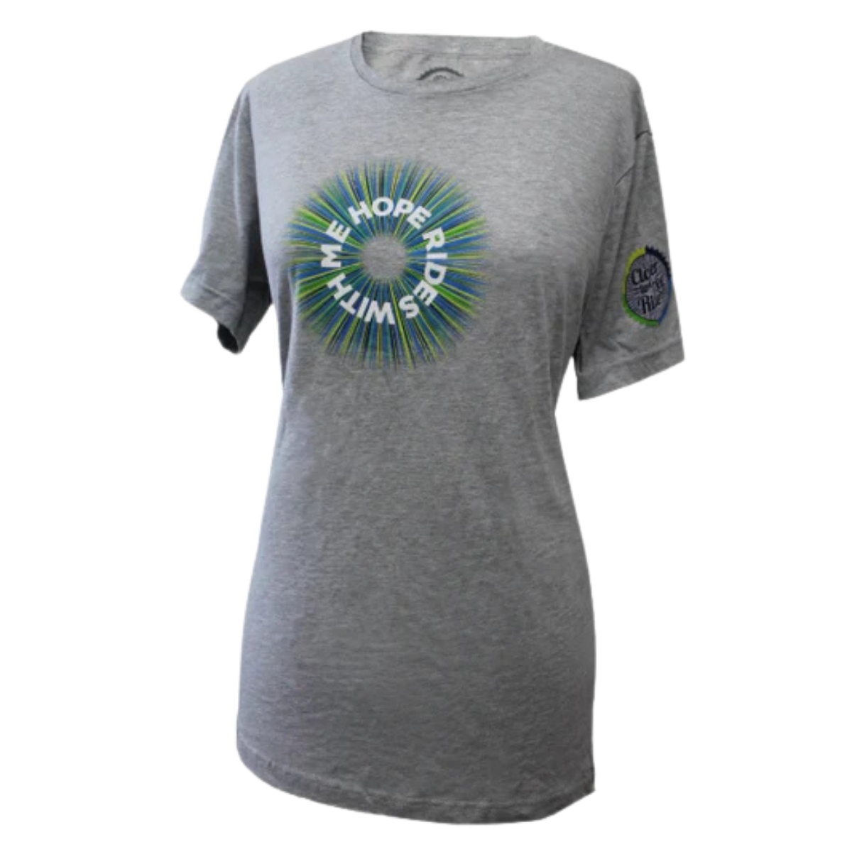 Grey t-shirt with "hope rides with me" in a starburst circle