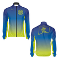 Navy blue jacket with a logo on the chest against a white background