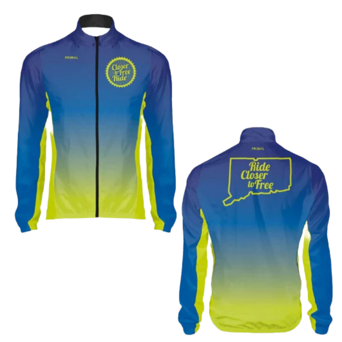 Navy blue jacket with a logo on the chest against a white background