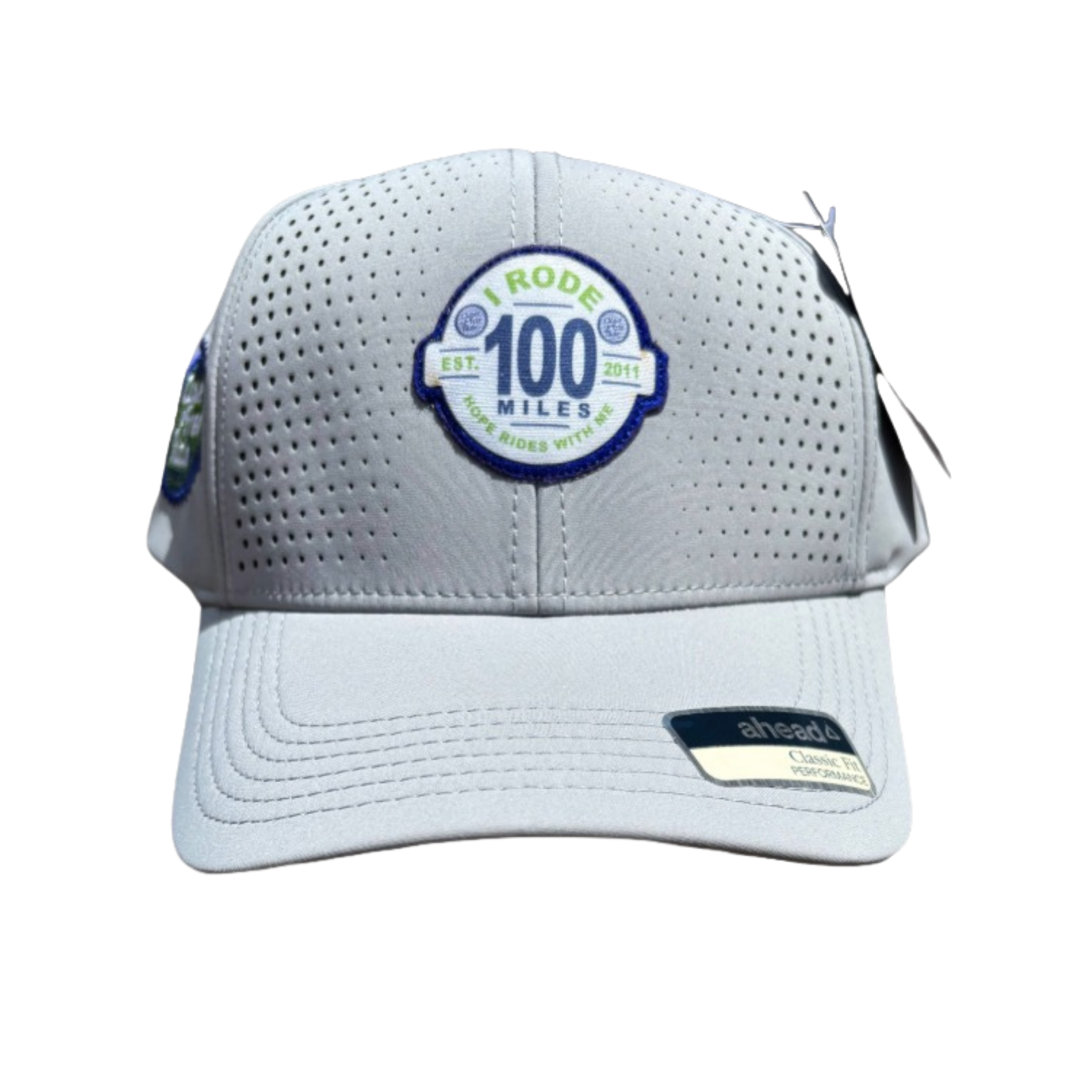 Gray cap with a logo and text on a white background