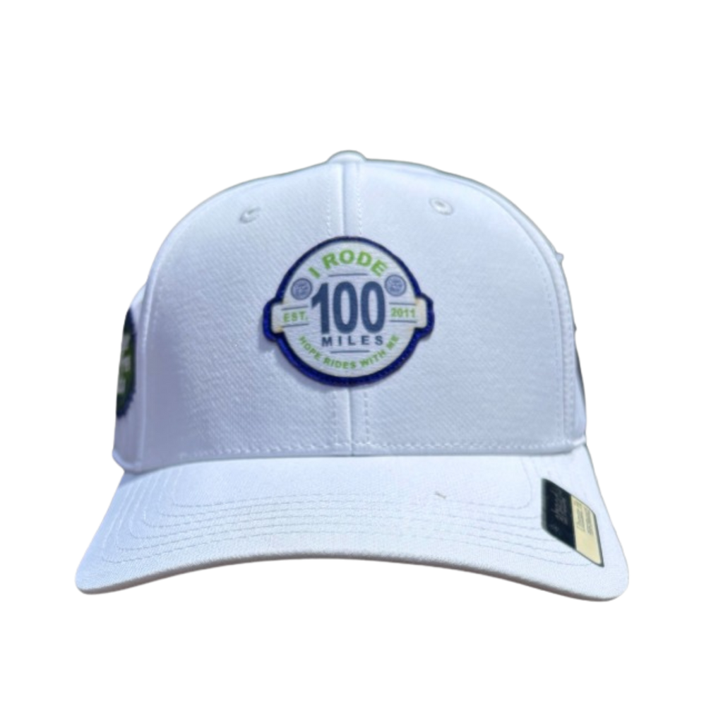 White cap with a logo and text on a white background