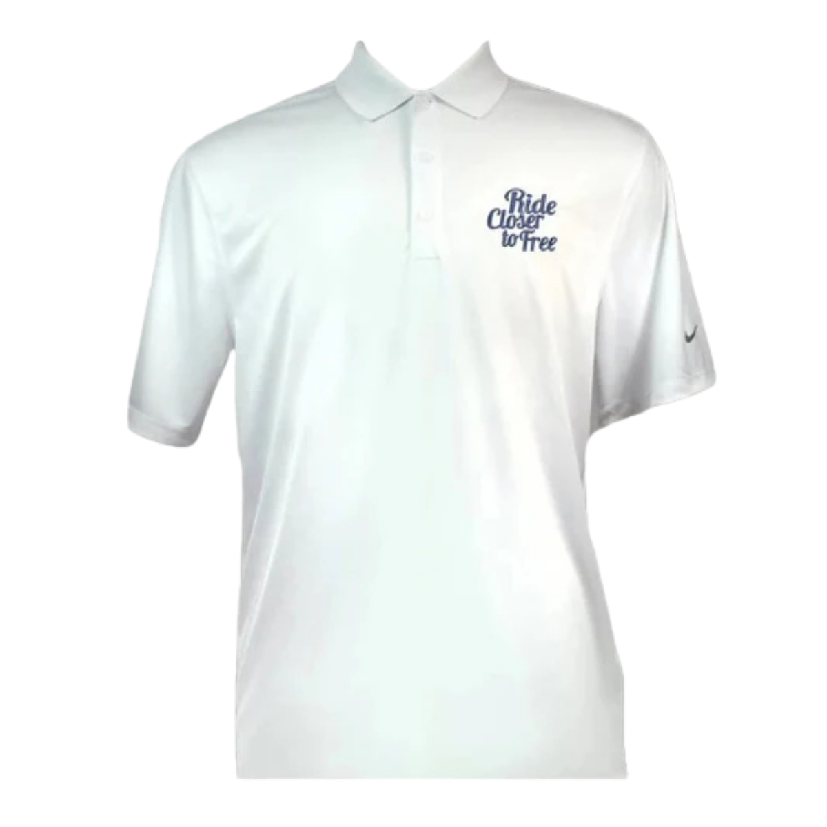 White polo shirt with 'Ride Closer to Free' text on a white background