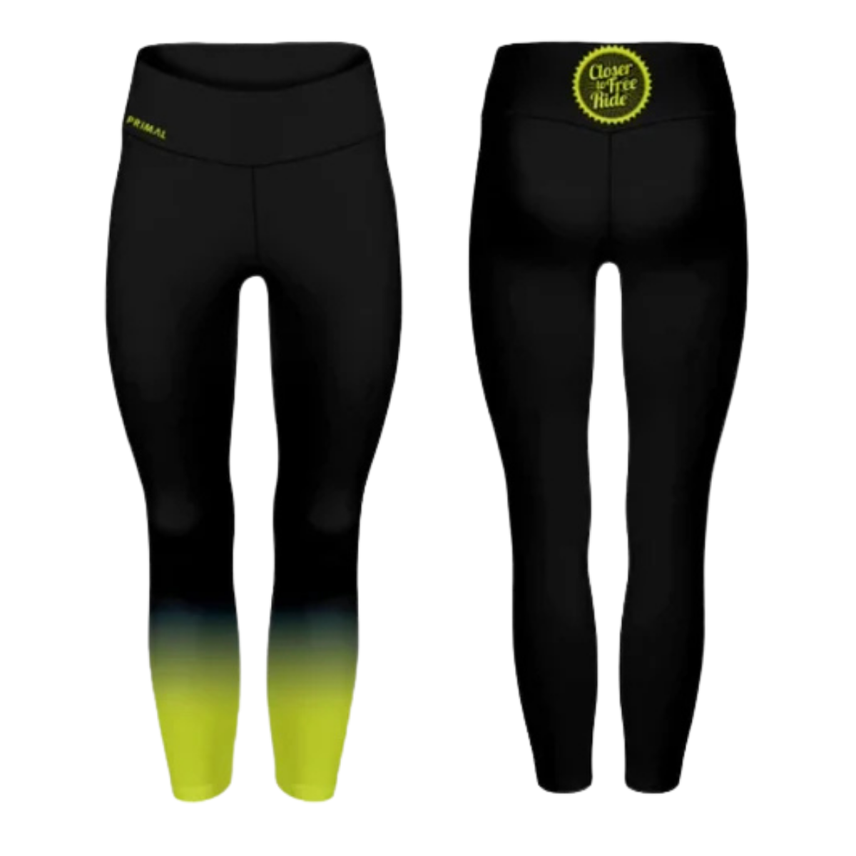 black and yellow leggings with the "closer to free" logo